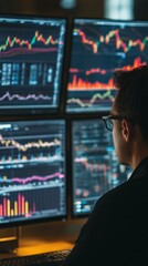 Close-up of financial analyst working with data dashboards on multiple screens, office lighting
