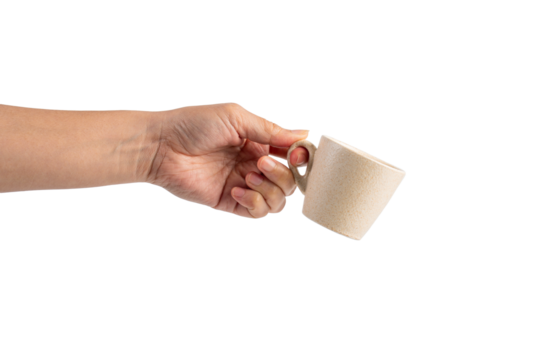 Coffee in a white cup and hand, coffee in a glass, cup on transparent background