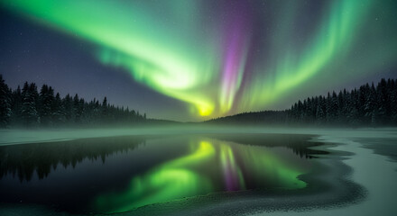 Stunning aurora borealis display with green and purple lights reflecting in calm water, framed by a dark forest under a starry night sky.