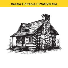 Hand drawn illustration of a rustic log cabin with a stone chimney