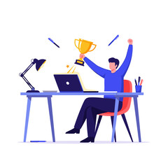 Fototapeta premium Excited businessman celebrates achievement holding trophy at desk with laptop, feeling success and winning.
