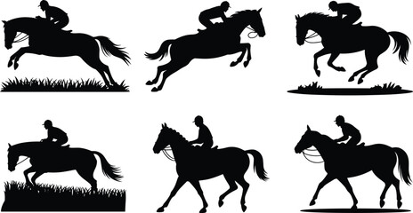 Horse rider silhouettes jumping and riding horses, equestrian sports, horse riding competition, training, outdoor riding, jockey, horseback riding action scenes.