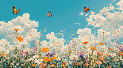 Colorful wildflowers bloom in a sunny meadow with butterflies flying against a blue sky with fluffy clouds.