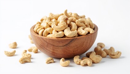 Wooden Bowl Filled with Cashew Nuts on White Surface Representing Healthy Snacking, Natural Nutrition, Culinary Simplicity, and Wholesome Ingredients — Generative AI