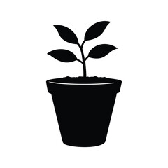 Small plant growing in a flower pot silhouette against a white background, A flower pot silhouette vector illustration