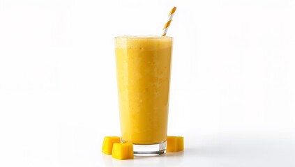 Tall Glass of Mango Smoothie with Straw and Mango Chunks on White Surface Representing Tropical Freshness, Healthy Nutrition, and Summer Vibes — Created with Generative AI