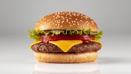 Classic Cheeseburger with Sesame Bun, Beef Patty, Cheddar Cheese, Lettuce, Pickles, and Ketchup on White Background Representing Fast Food Culture and Taste — Generative AI