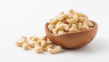 Wooden Bowl Filled with Raw Cashew Nuts on White Surface Representing Healthy Snacking, Natural Nutrition, Culinary Simplicity, and Wholesome Ingredients — Generative AI