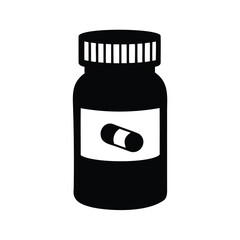 Black medicine bottle with pill capsule shown on a label image, Capsule bottle silhouette vector illustration