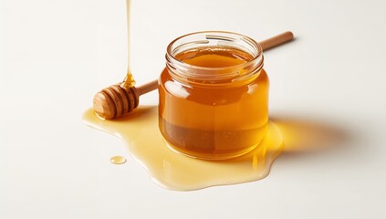 Glass Jar Overflowing with Golden Honey and Wooden Dipper on White Surface Representing Natural Sweetness, Culinary Purity, and Health Benefits — Created with Generative AI