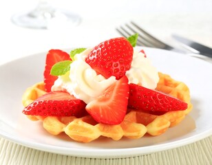 Fresh strawberries and whipped cream on waffles