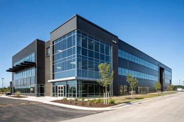 Obraz premium Modern office building with sleek blue-grey exterior. Contemporary design emphasizes natural light, green spaces, and sustainability. Large windows reflect sky, creating professional, eco-friendly. 