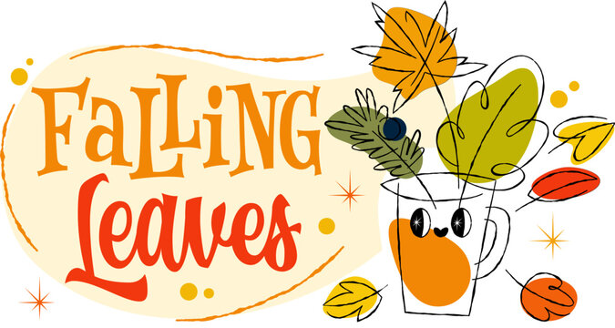Falling Leaves. A lively illustration with colorful autumn leaves in a playful, retro advertising style lettering. The warm color palette creating a cheerful mood suitable for seasonal promotions