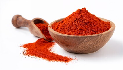 Wooden Bowl and Scoop Filled with Bright Red-Orange Spice Powder on White Surface Representing Culinary Flavor, Natural Ingredients, and Cooking Culture—Generative AI