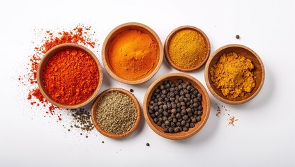 Assorted Spices in Wooden Bowls on White Background Representing Culinary Diversity, Natural Ingredients, Flavor, and Traditional Cooking Culture — Created with Generative AI