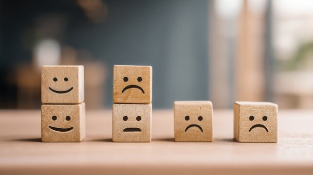 A collection of wooden blocks with various faces representing emotional communication in a minimalist grid format