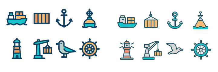 Obraz premium Nautical Maritime Icons Collection, Minimalist flat design