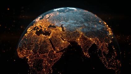 Stylized Earth from Space with Illuminated Networks Across Europe, Middle East, and Asia Representing Global Connectivity, Urbanization, and Technological Infrastructure — Generative AI