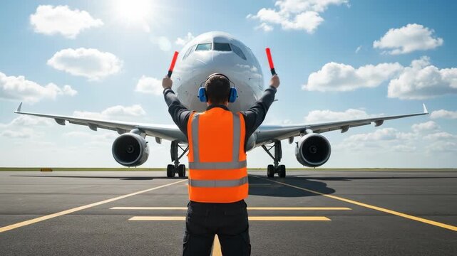 Air Traffic Controller Directing Airplane on Runway with Light Wands, Man Guiding Aircraft with Orange Safety Vest and Headset on the Tarmac
