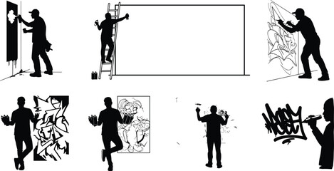 Urban street artist spray painting graffiti wall art, creative mural design, urban culture, spray cans, street art expression, graffiti artist silhouette © Sabbir's World