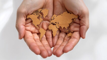 Human Hands Holding the World Map Symbolizing Global Care, Unity, Sustainability, Environmental Responsibility, Peace, and Hope for Humanity — Created with Generative AI
