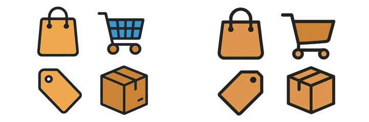Shopping icons with bags, carts, and boxes, Minimalist flat design
