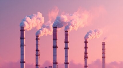 Industrial chimneys belch steam into an overcast sky to convey an environmental message.
