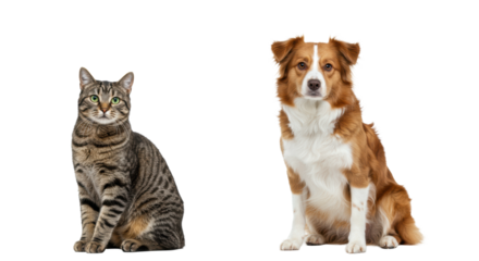 Adult tabby cat and Border Collie mix dog sitting calmly side-by-side, looking forward on a transparent studio background. Concept of interspecies companionship