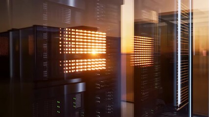 Server room blinking lights transferring data at sunset - Powered by Adobe