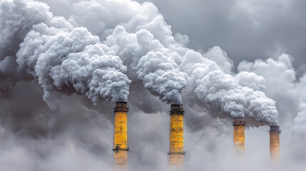 Industrial chimneys belch steam into an overcast sky to convey an environmental message.