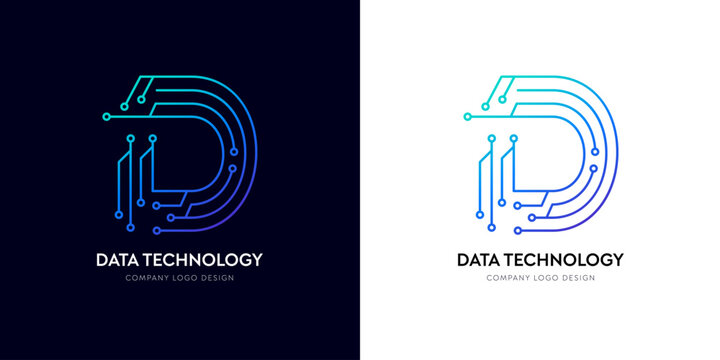 D letter network logo design for database tech innovation. Futuristic typographic connectivity logo, Cyberspace AI technology corporate brand vector. Data analysis gradient electric cyber text line.