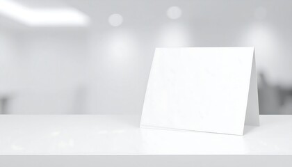 Fototapeta premium Minimalist White Tent Card Mockup on a Glossy White Surface with Soft Lighting