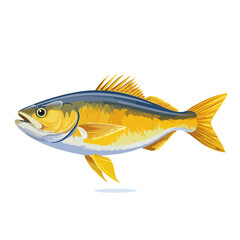 Illustration of yellowtail fish swimming isolated on black backdrop, marine life, wildlife