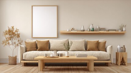 Minimalist Living Room with Neutral Sofa and Wooden Decor