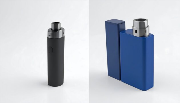 Modern Electronic Cigarette Devices in Black and Blue on White Background