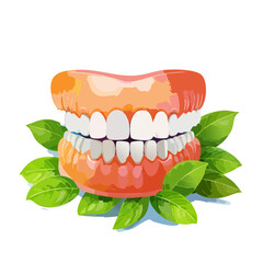 Dentures with Green Leaves Illustration for Dental Health, Prosthetics and Oral Care