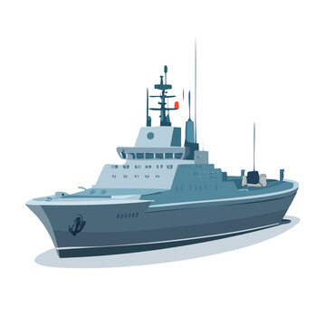 Illustration of a modern navy warship with radar and comms equipment. Dark blue ship isolated on a black background.