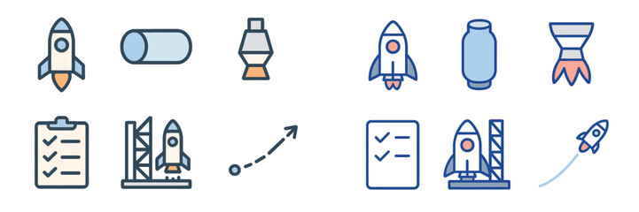 Rocket Launch and Space Exploration Icons, Minimalist flat design