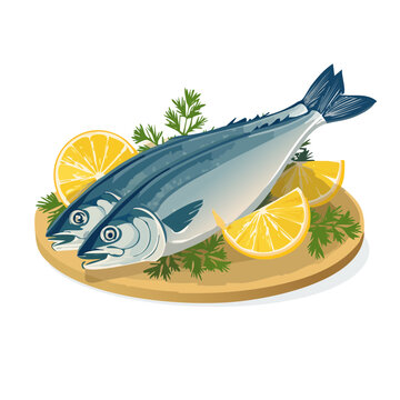 Two mackerel fish arranged on a platter with lemon slices and parsley garnish for a seafood meal