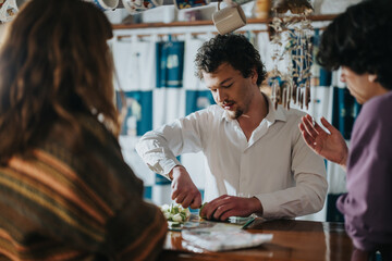 A group of friends interacts in a welcoming bar, emphasizing warmth and togetherness.