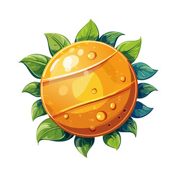 Shiny Round Candy with Leaves and Water Droplets on Black Background Cartoon Style Design Element Sweet Treat Ingredient
