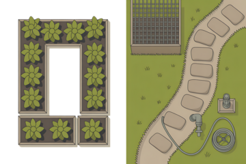 Rectangular garden bed with plants and stone path isolated on transparent background