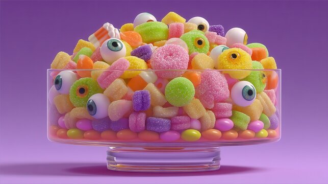 halloween festival. Colorful candy assortment in a glass bowl against a purple background.