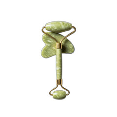 A close up shot of a green jade roller and gua sha tool on a transparent background studio shot