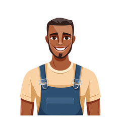 Smiling man cartoon style portrait in blue overalls against black background cheerful demeanor illustration