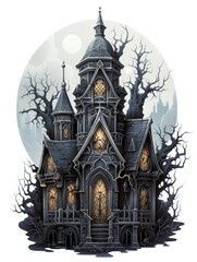 Spooky haunted house illustration in dark blue forest at night