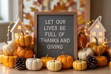 Cozy autumn thanksgiving scene with letter board "let our lives be full of thanks and giving"
