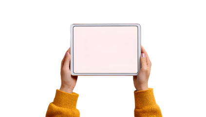 Hand holding a blank tablet with a white screen, isolated on a transparent background 