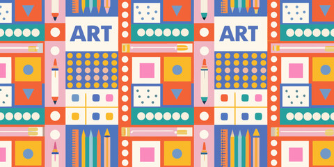 Fototapeta premium Colorful Art Supplies Pattern with Geometric Shapes and the Word Art