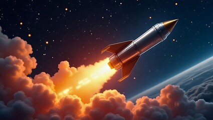Rocket Launch into Outer Space with Bright Flame Trail